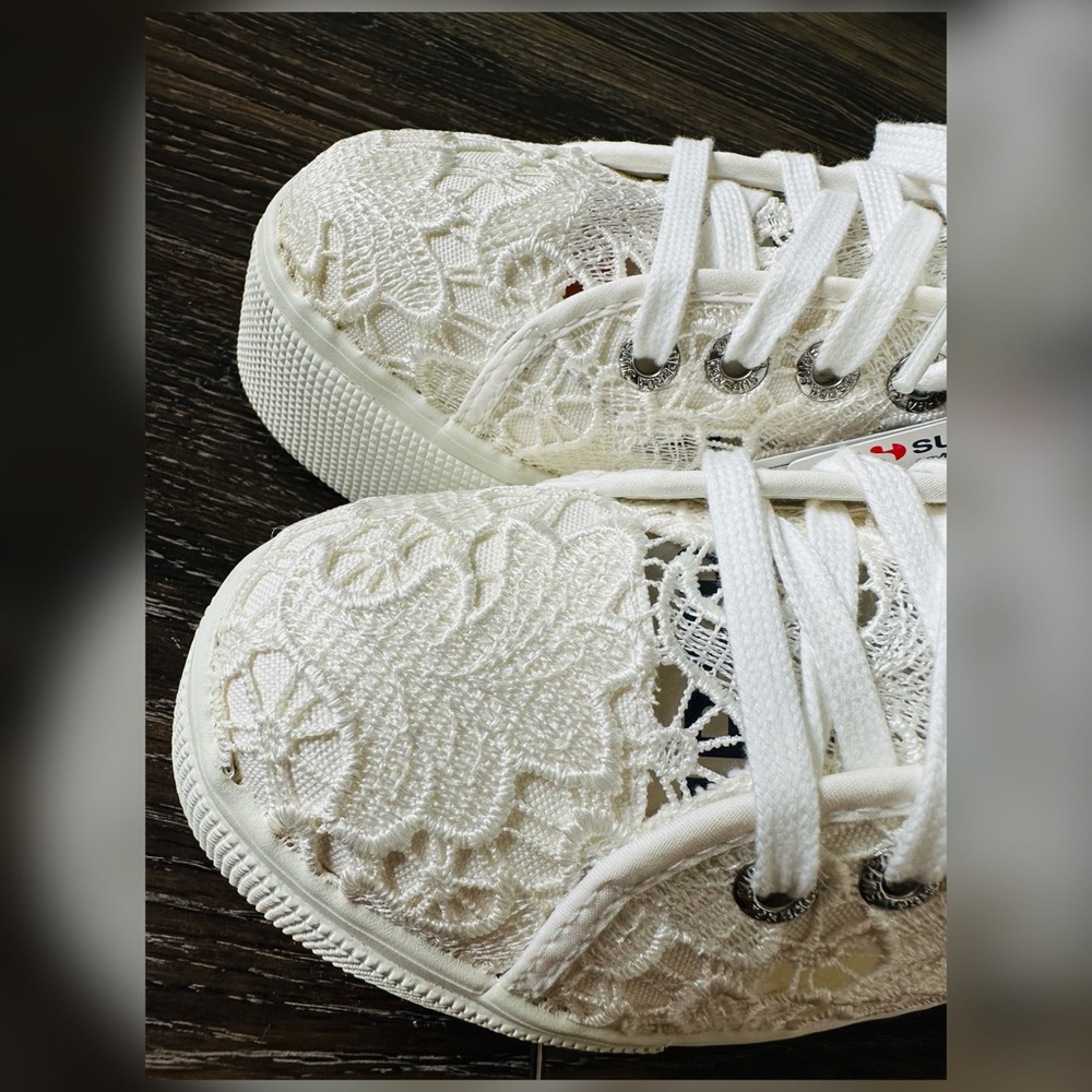 Superga White Lace Platform Sneakers with Floral Crochet - Picture 4 of 7
